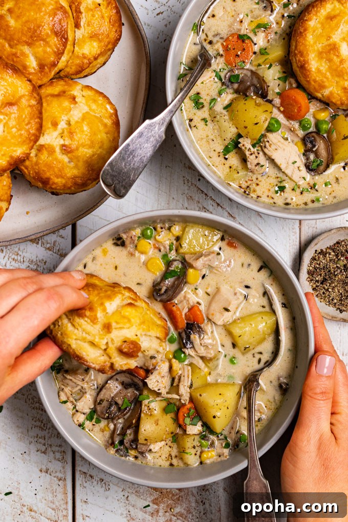 Overhead photo of chicken pot pie soup with biscuits in a gray bowl. The soup is creamy, there are chunks of potato, carrots, mushrooms, chicken, and peas in the soup. A hand is dipping a biscuit into the bowl, on the left side. Another hand is holding a spoon in the soup. Another bowl of soup is in the upper right hand corner, and a plate of biscuits is in the upper left corner. The scene has been photographed on a distressed white wood plank surface. #foodphotography