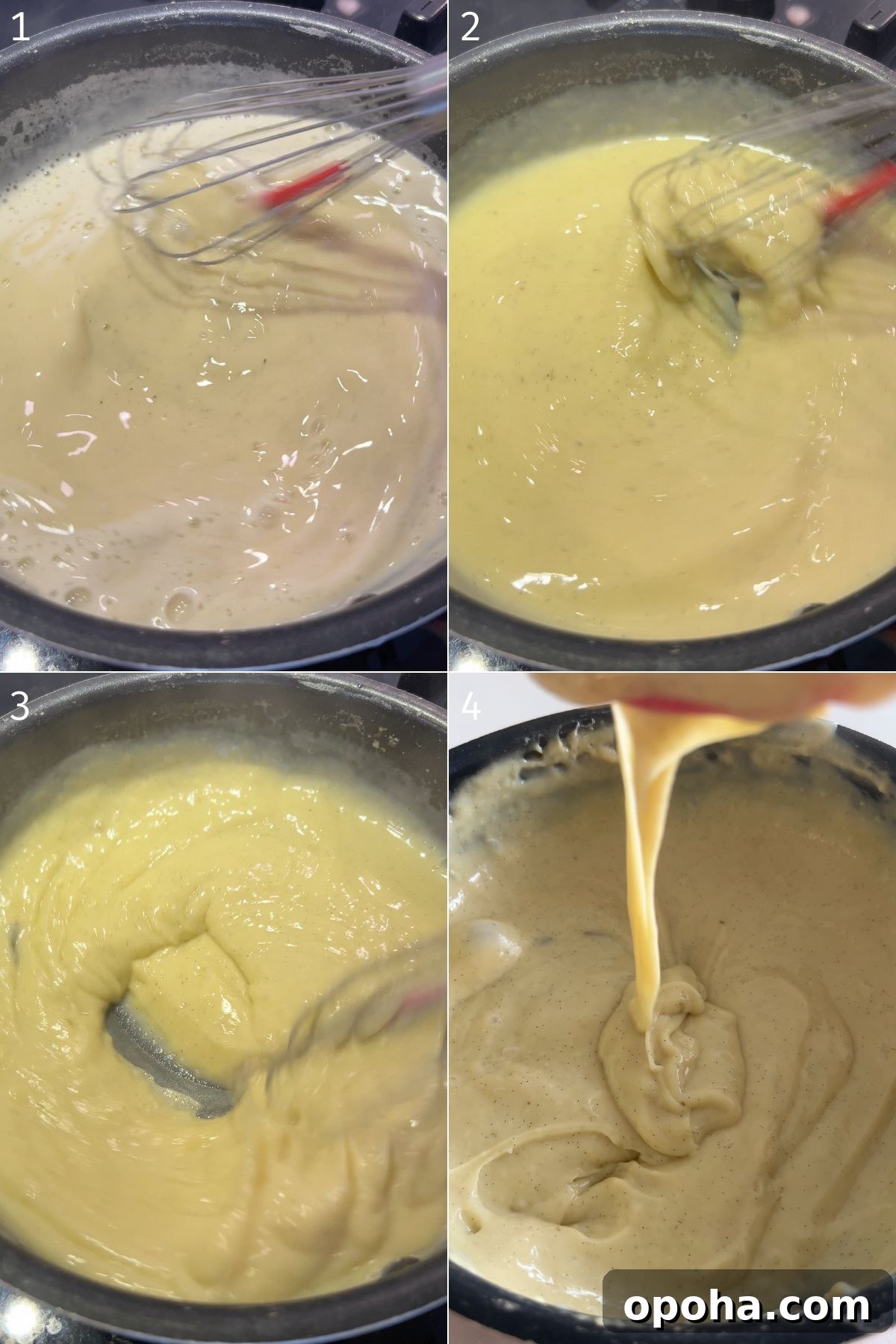 How to Make Smooth Custard Pastry Cream (Pastry Cream Recipe) 5 stages of custard cream in a pot