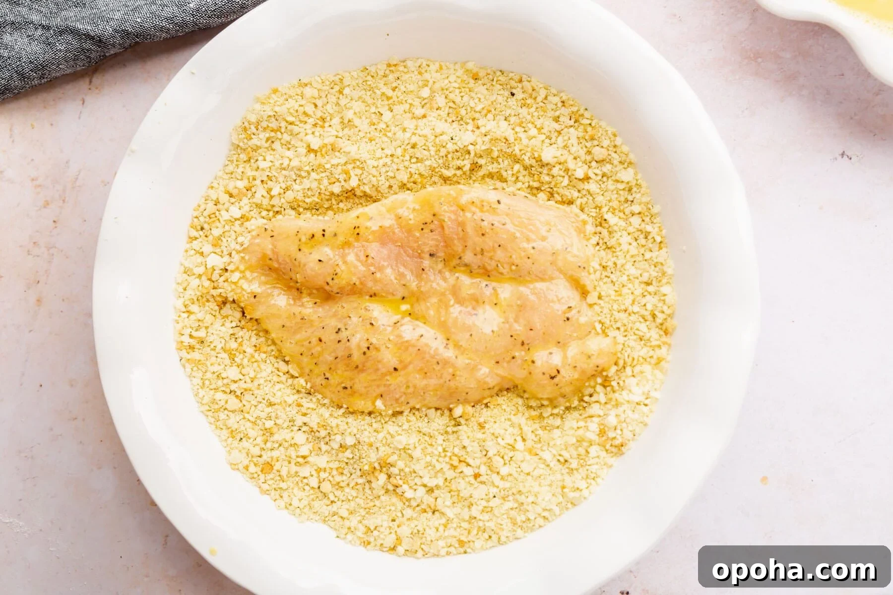 Crispy Gluten-Free Chicken Parmesan Recipe for Dinner 10 A coated boneless skinless chicken breast sitting in a bowl of gluten-free breadcrumbs and parmesan cheese.