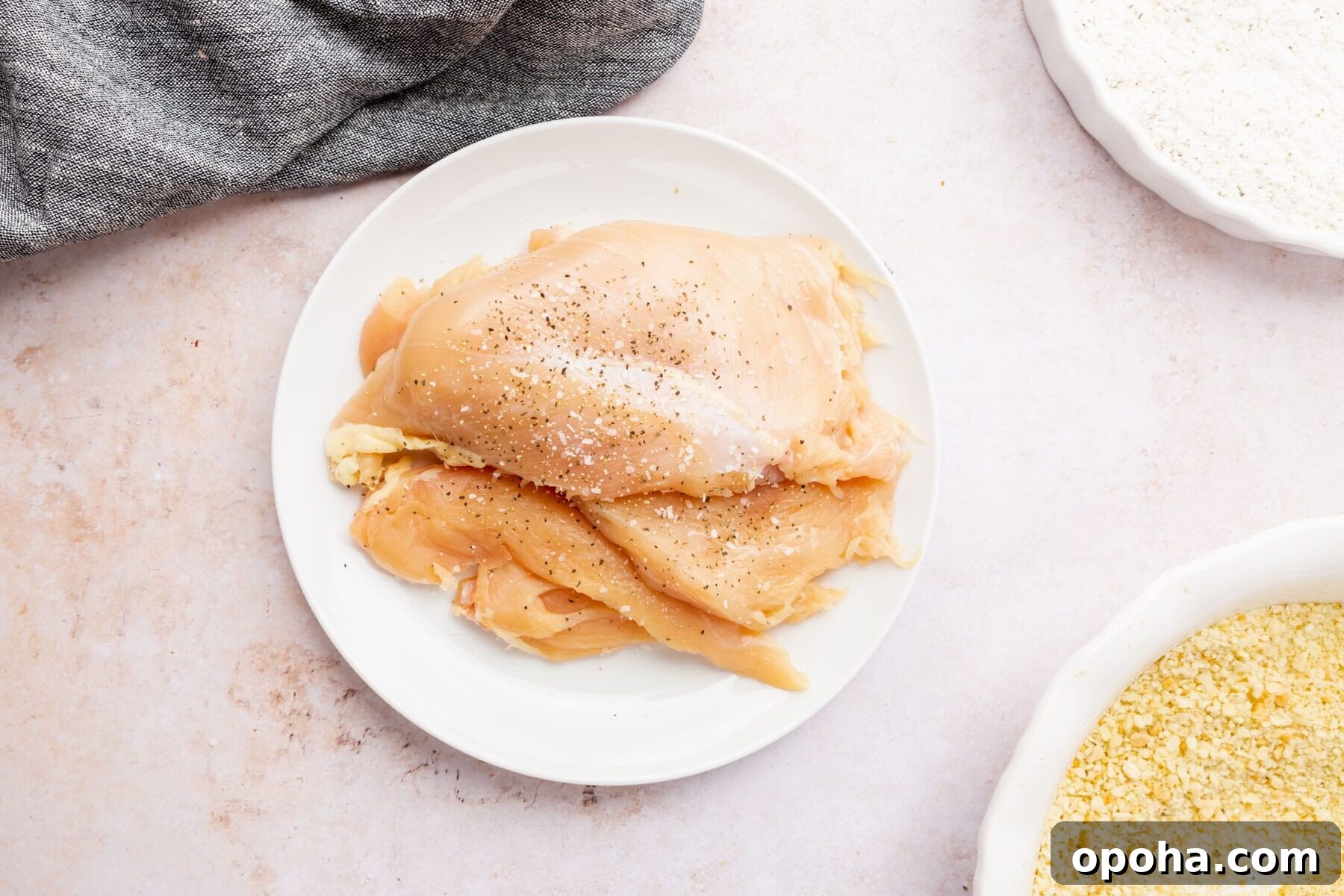 Crispy Gluten-Free Chicken Parmesan Recipe for Dinner 7 A plate of boneless skinless chicken breasts seasoned with salt and pepper.