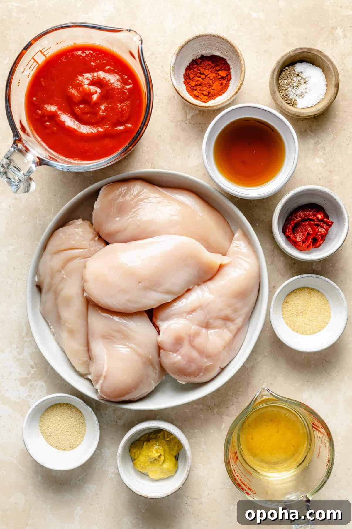 ingredients for bbq chicken on a counter.