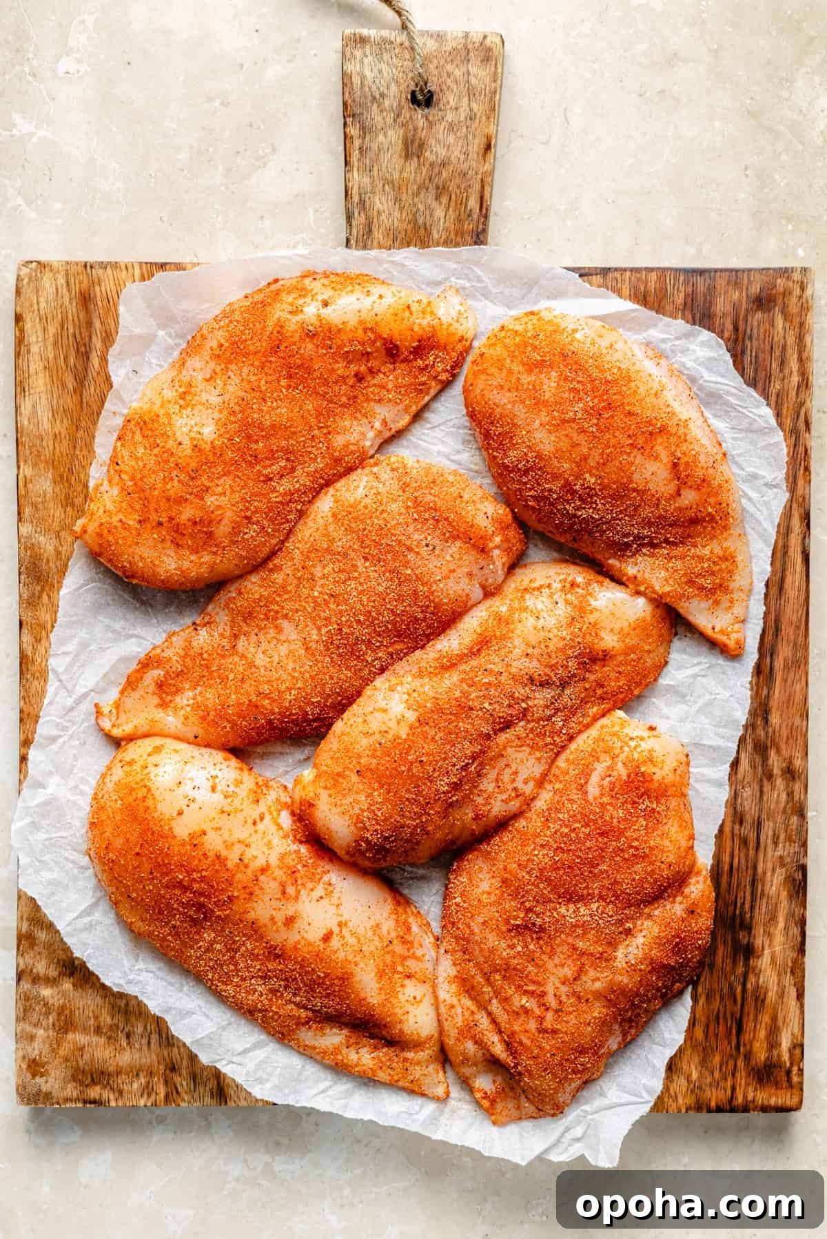 chicken breasts seasoned with dry rub on a cutting board.