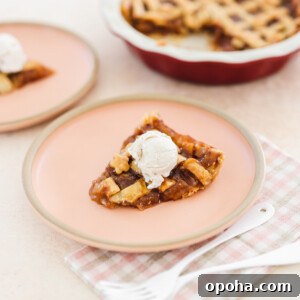 Vegan Miso Caramel Apple Pie Recipe for Cozy Fall Desserts 9 a slice of miso caramel apple pie on a pink plate with a scoop of ice cream