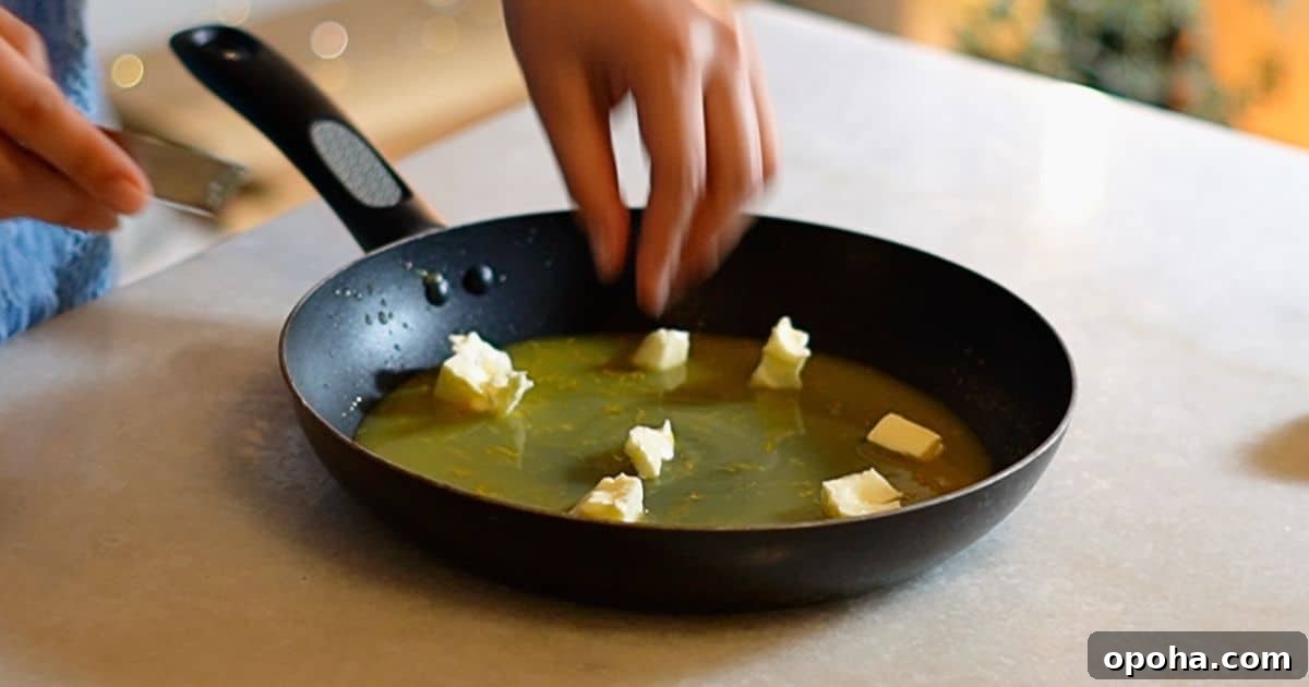 orange zest, orange juice, lemon juice, sugar, and butter in a frying pan