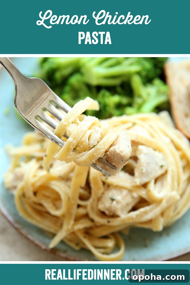 Creamy Lemon Chicken Pasta Recipe for Quick Weeknight Dinners 14 Pinterest picture with the text "Lemon Chicken Pasta" at the top.