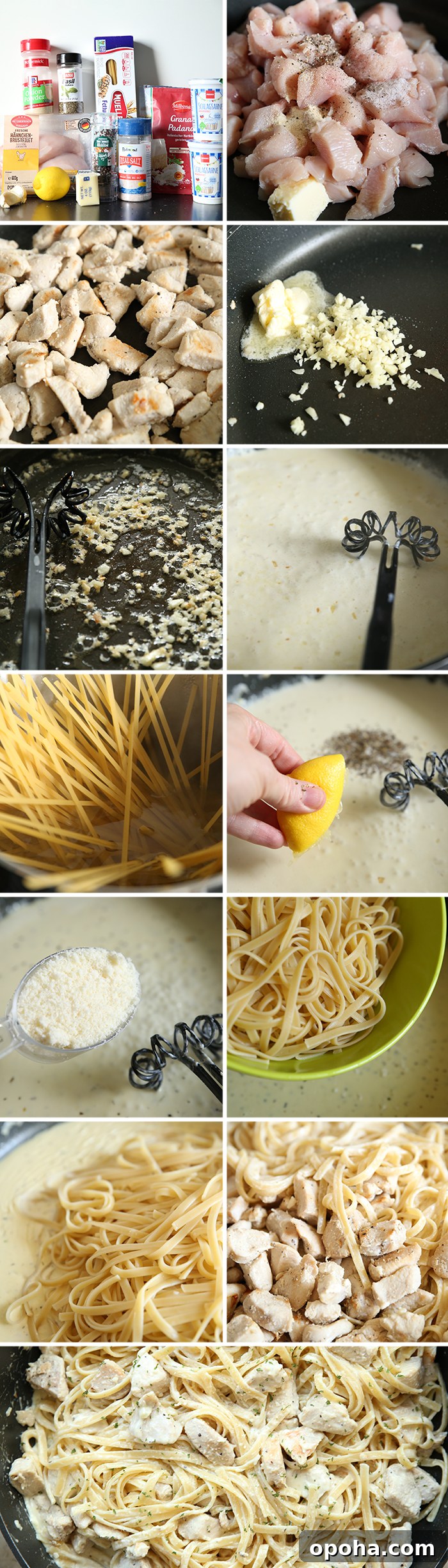 Creamy Lemon Chicken Pasta Recipe for Quick Weeknight Dinners 4 13-photo picture collage of step-by-step photos of how to make lemon chicken pasta.