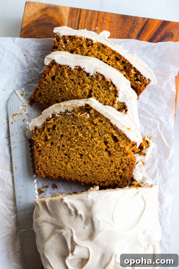 Pumpkin Spice Quick Bread with Maple Cream Cheese Frosting 17 Sliced Pumpkin Spice Bread with Maple Cream Cheese Frosting