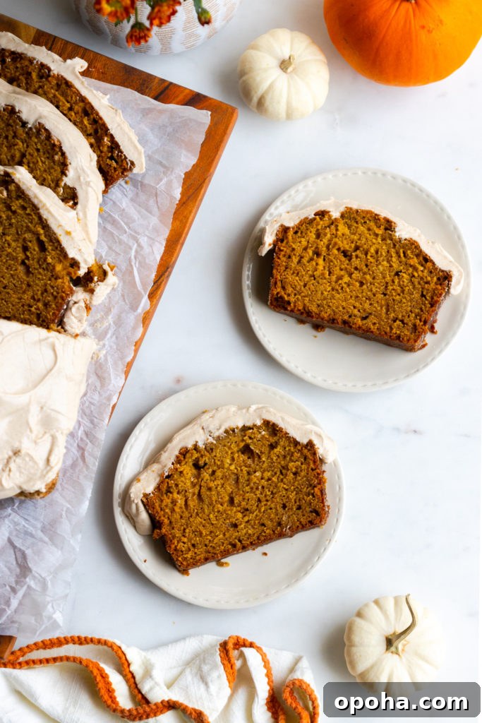Pumpkin Spice Quick Bread with Maple Cream Cheese Frosting 18 Slices of Pumpkin Spice Bread with Maple Cream Cheese Frosting