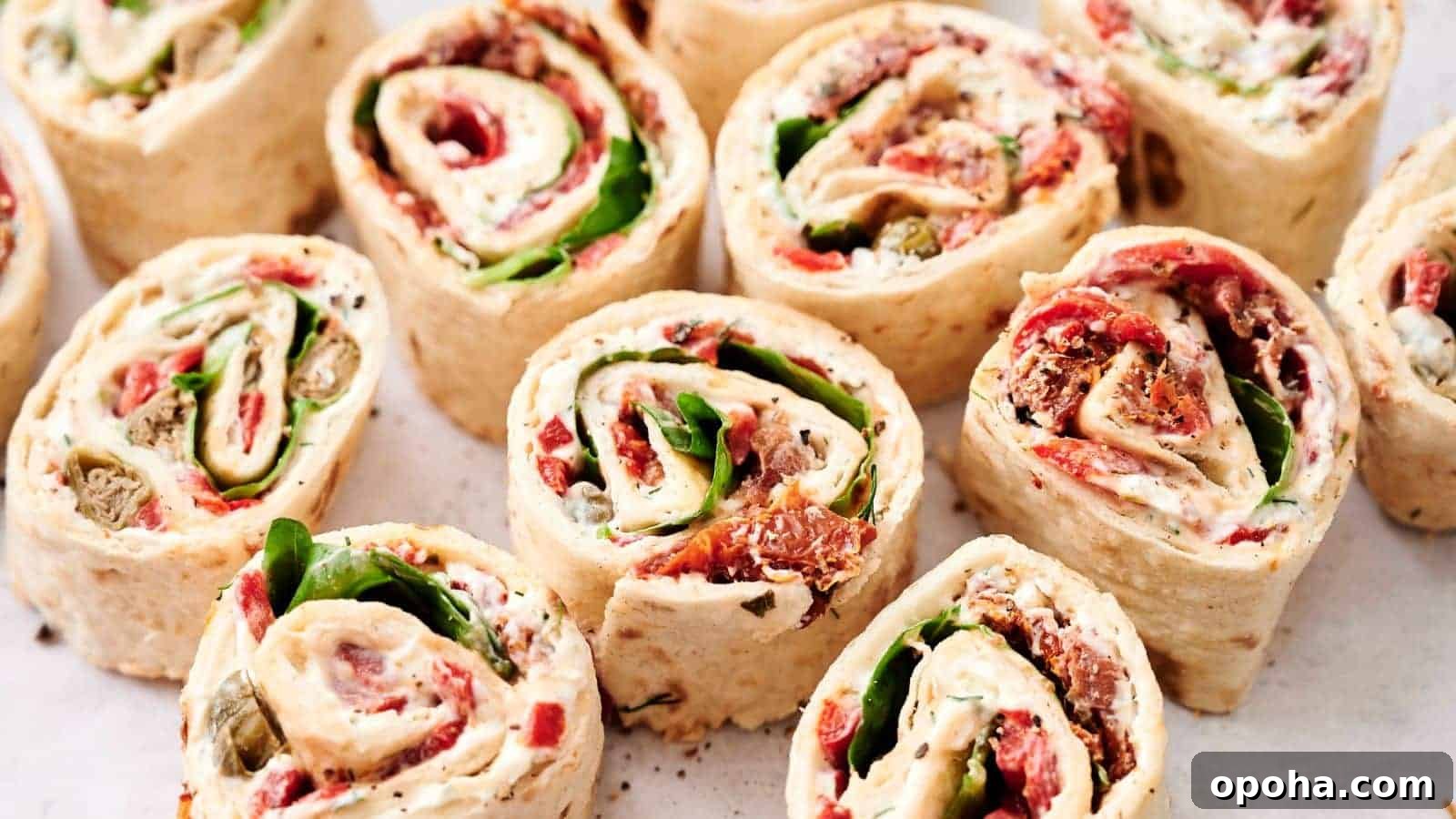 19 Summer Cookout Side Dishes I Make Every Weekend 15 Close-up of several tortilla pinwheel wraps filled with various ingredients including spinach, cream cheese, tomatoes, and other vegetables, arranged neatly on a white surface.