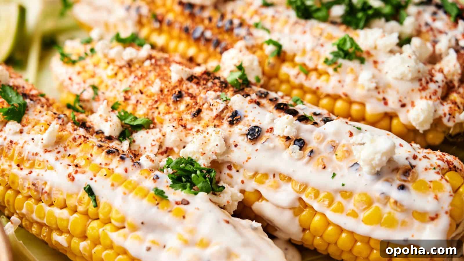 19 Summer Cookout Side Dishes I Make Every Weekend 17 Close-up of Mexican Street Corn on the cob topped with creamy sauce, crumbled cheese, chili powder, and chopped cilantro.