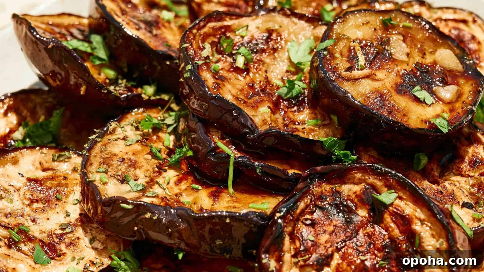 19 Summer Cookout Side Dishes I Make Every Weekend 18 Close-up of grilled eggplant slices garnished with chopped herbs and a glossy glaze.