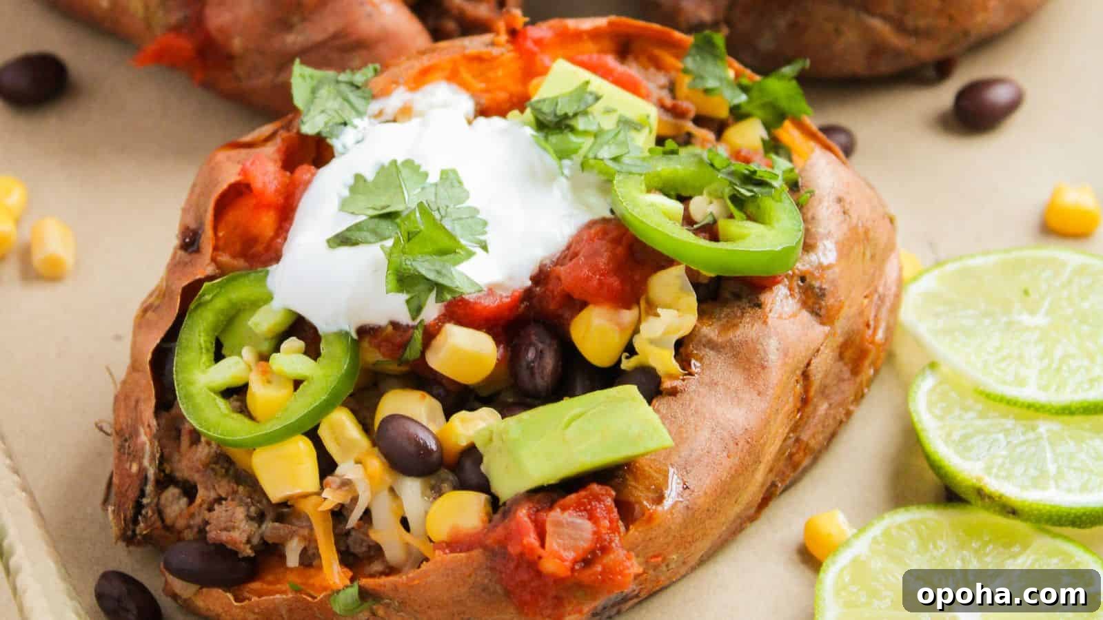 19 Summer Cookout Side Dishes I Make Every Weekend 19 Baked sweet potato topped with black beans, corn, avocado, sliced jalapeños, cheese, salsa, sour cream, and cilantro, with lime slices on the side.