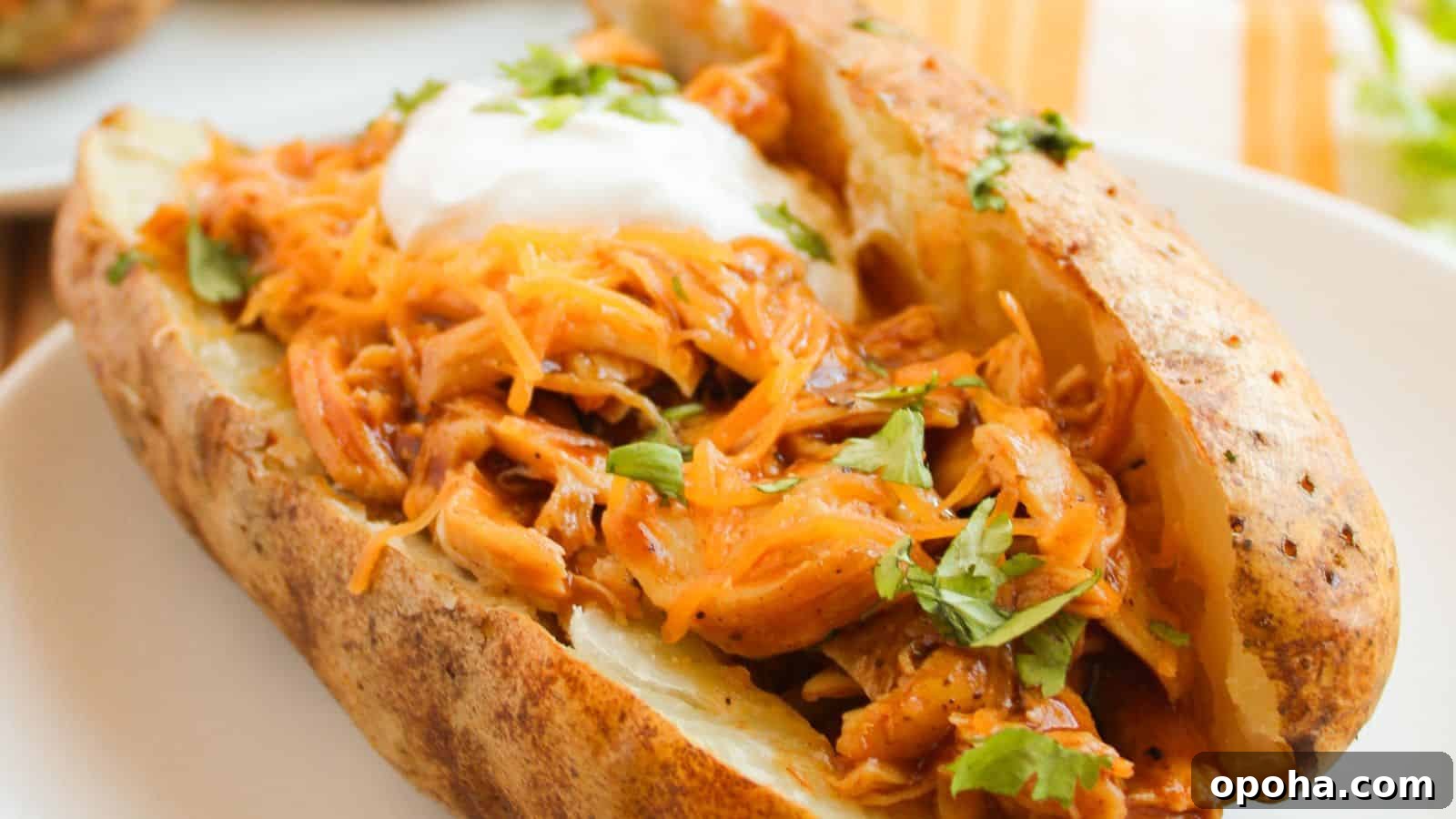 19 Summer Cookout Side Dishes I Make Every Weekend 3 A baked potato topped with shredded barbecue chicken, sour cream, and chopped herbs on a white plate.