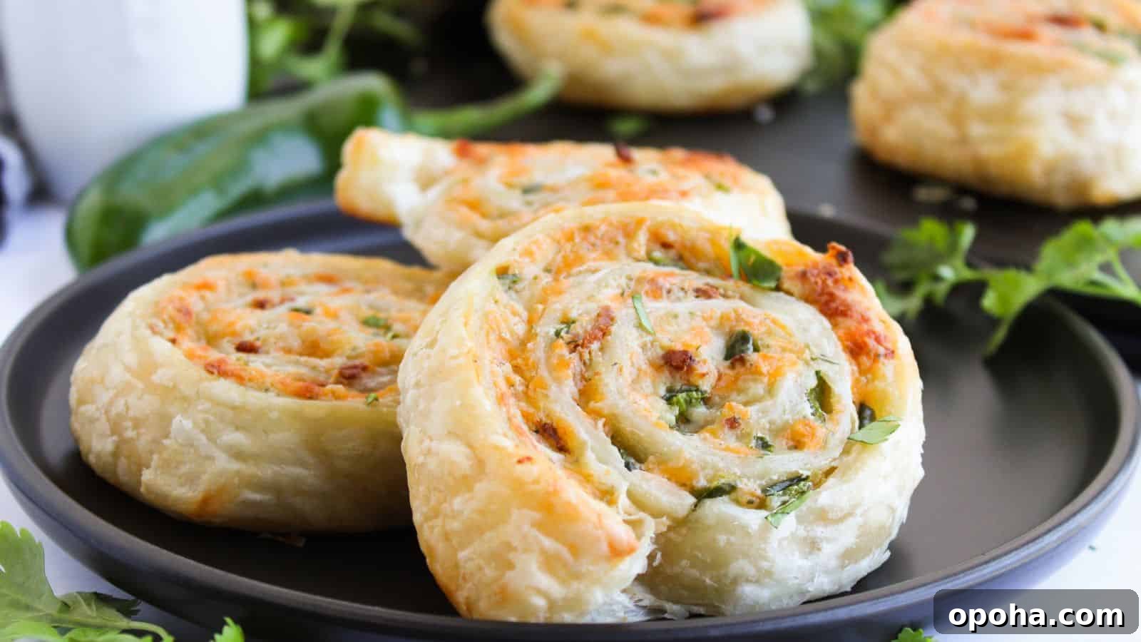 19 Summer Cookout Side Dishes I Make Every Weekend 5 Close-up of three spiral pastry rolls on a black plate, filled with herbs and cheese. Green garnish and a jalapeño pepper are in the background.