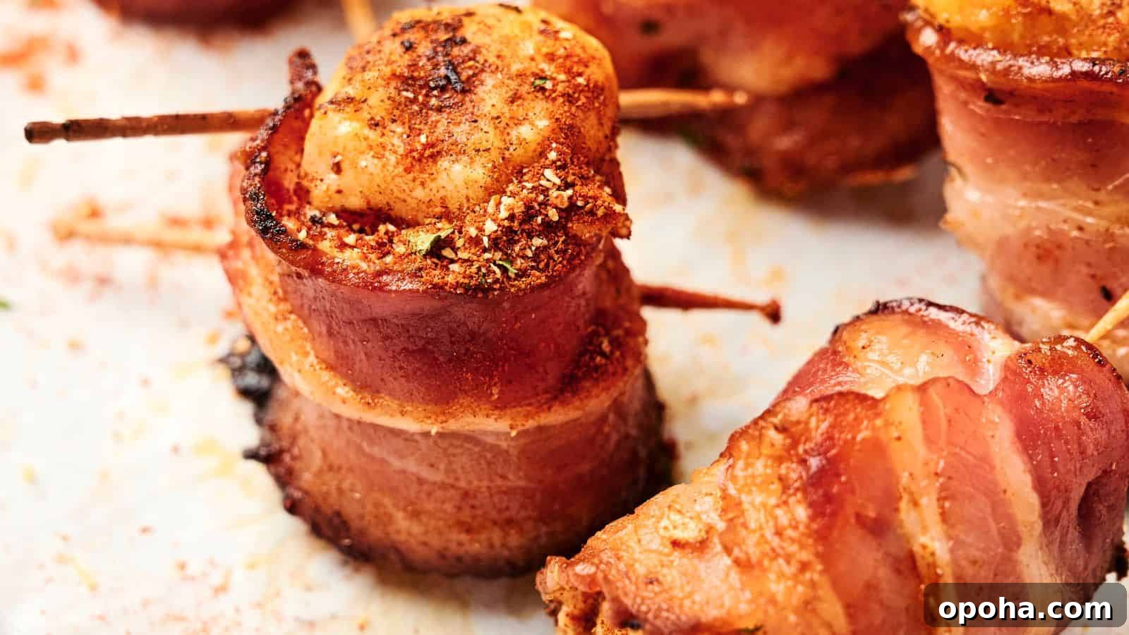 19 Summer Cookout Side Dishes I Make Every Weekend 8 Close-up of bacon-wrapped scallops secured with toothpicks, seasoned with spices, and cooked until golden and crispy.