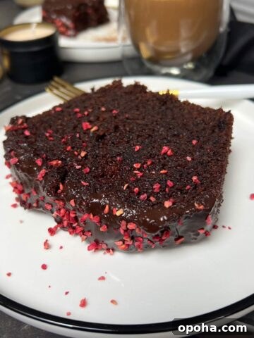 A slice of moist chocolate cake on a white plate.
