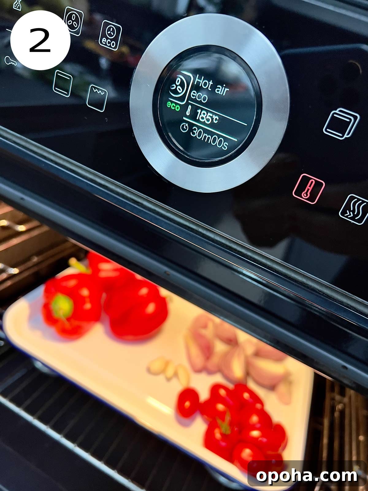 The peppers, onion, garlic and tomatoes in an oven set for 30 min at 185C / 385F.