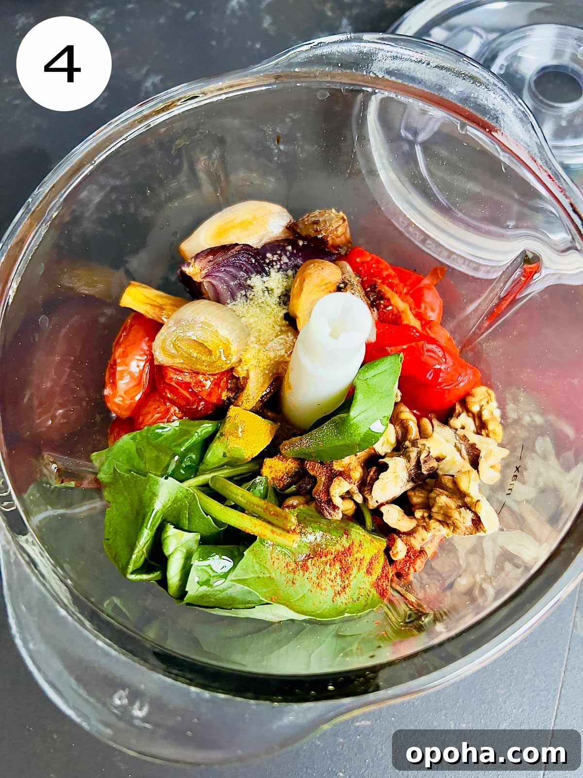 Peeled and cleaned Roasted peppers, onion, garlic, tomatoes added to blender with remaining ingredients: walnuts, fresh basil, cayenne pepper, turmeric, black pepper, olive oil, Celtic salt.