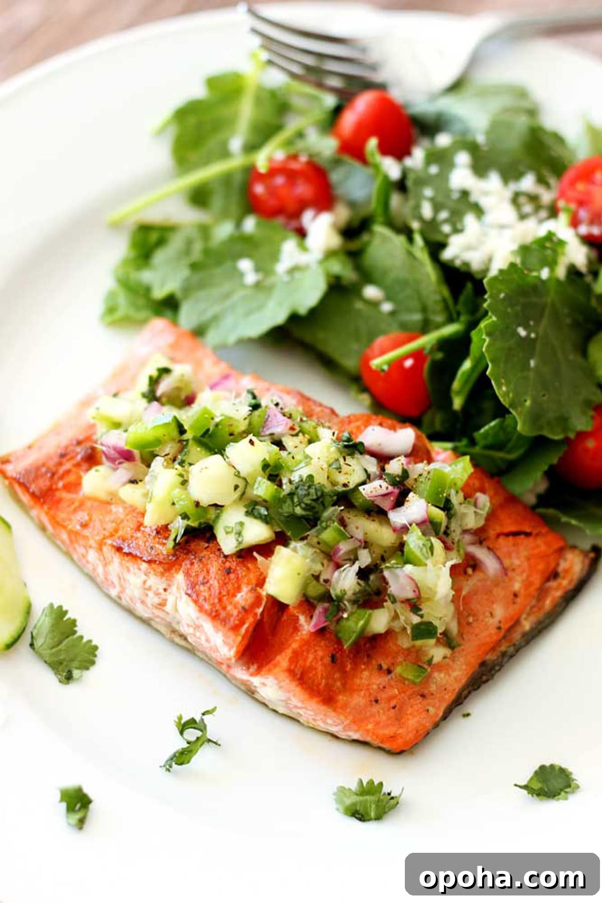 Pan-Seared Salmon with Refreshing Cucumber Salad 8 Pan seared salmon on a plate topped with cucumber salsa.