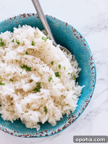 Blue and brown speckled bowl containing Instant Pot Rice topped with fresh ground pepper and parsley.