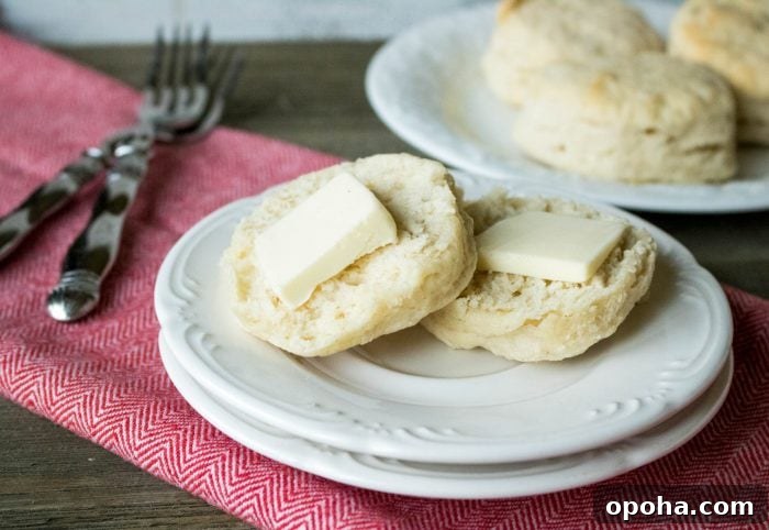 Flaky Southern Buttermilk Biscuits Recipe for Perfect Layers 4 a white plate with a biscuit cut in half with more biscuits in the background.
