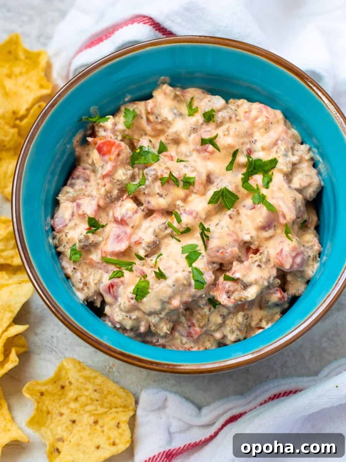 Rotel Sausage Dip Sausage Dip made with ground sausage, cream cheese, and Rotel tomatoes in blue serving dish next to tortilla scoops.