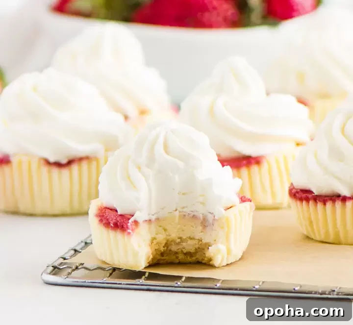 Strawberry Cheesecake Cupcakes Recipe — Creamy Strawberry Swirl 2 strawberry cheesecake cupcake on a wire rack with more cheesecakes and a bowl of strawberries in the background