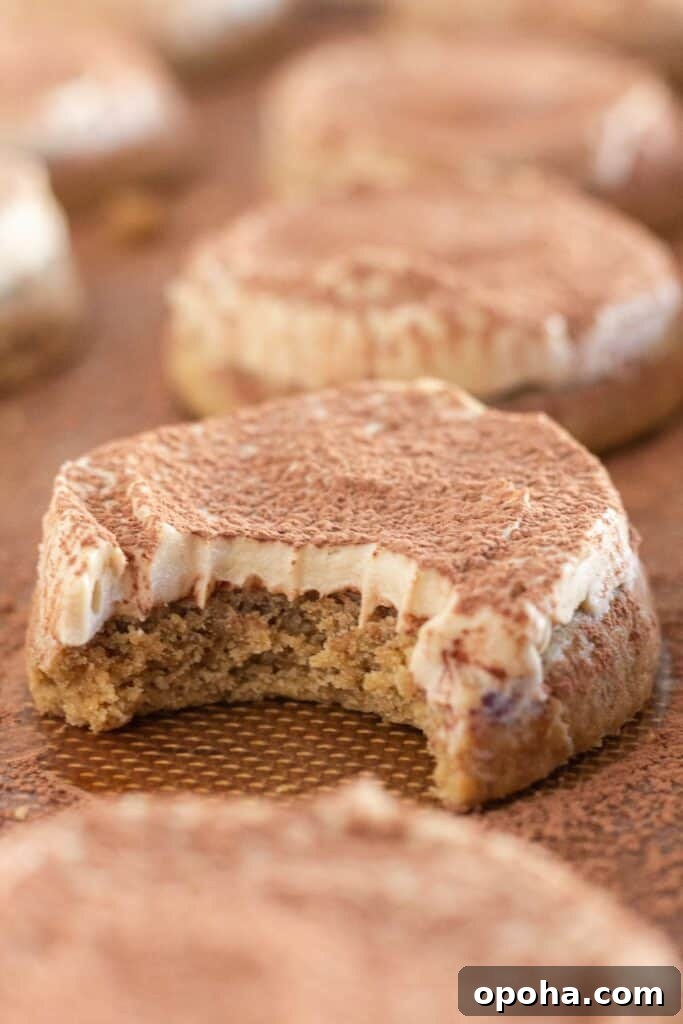 Tiramisu cookies on a cookie sheet with a bite taken out of one.