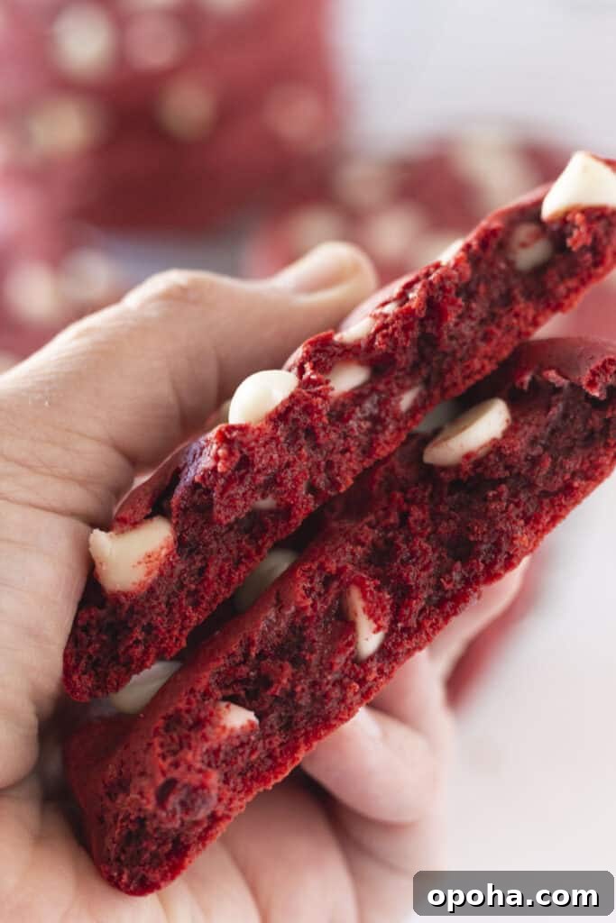 Looking inside a red velvet and white chocolate chip cookies.