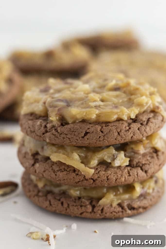 German chocolate cake mix cookies stacked on each other.