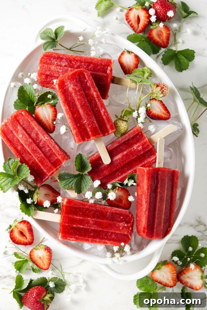 Strawberry popsicles in a dish on top of ice.
