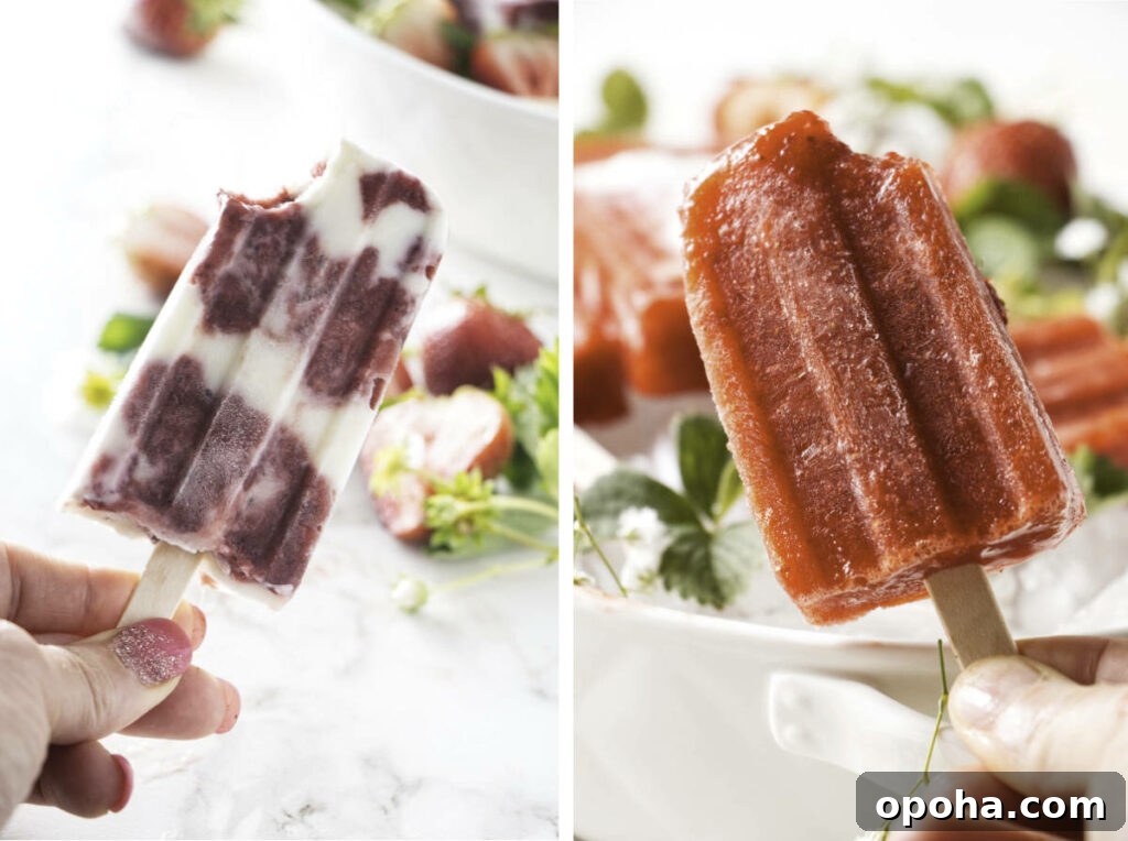 Two versions of strawberry popsicles.
