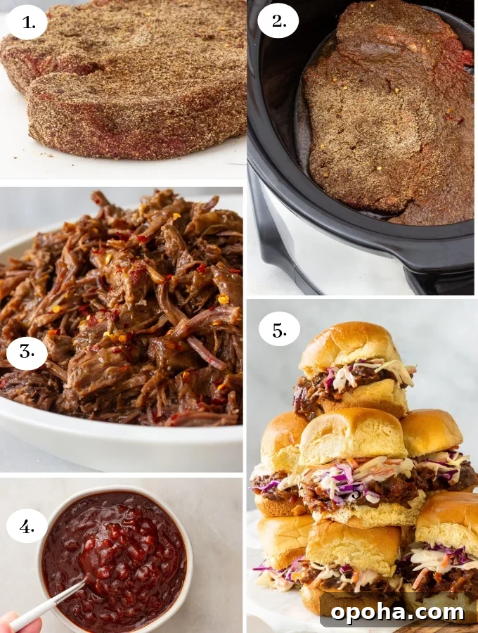 Slow Cooker & Instant Pot BBQ Pulled Beef Recipe (Shredded Beef) 3 Slow Cooker BBQ Pulled Beef step by step.