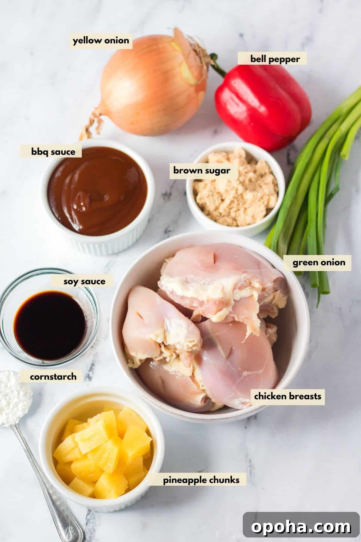 Slow Cooker Hawaiian Chicken with Pineapple and Sticky Sauce 3 Ingredients for Hawaiian chicken are pineapple, brown sugar, onion, bell pepper, green onions, bbq sauce, soy sauce, brown sugar.