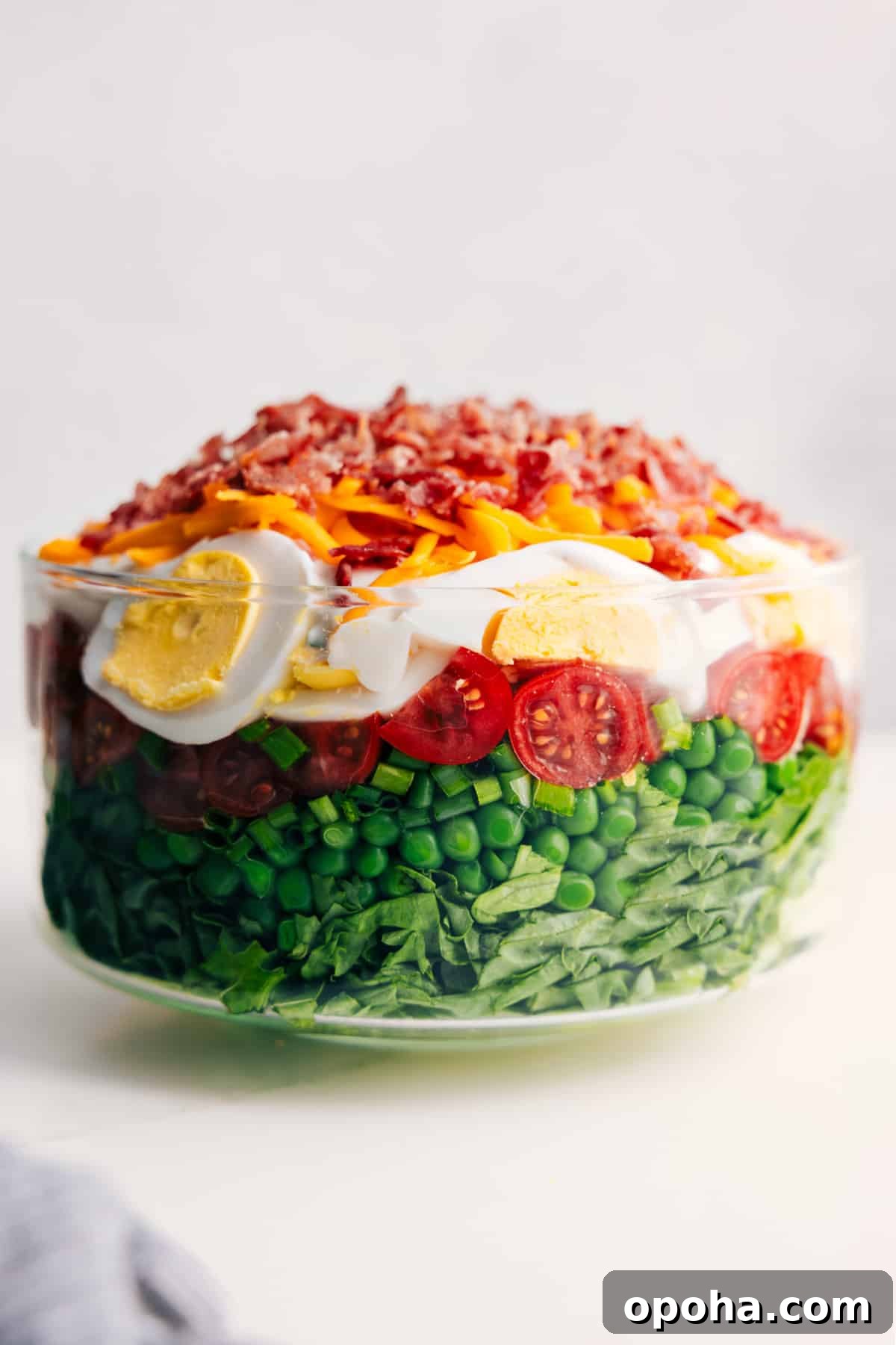 Simple 7-Layer Salad 7 Layer Salad in a glass bowl showing all seven colorful layers stacked and visible.