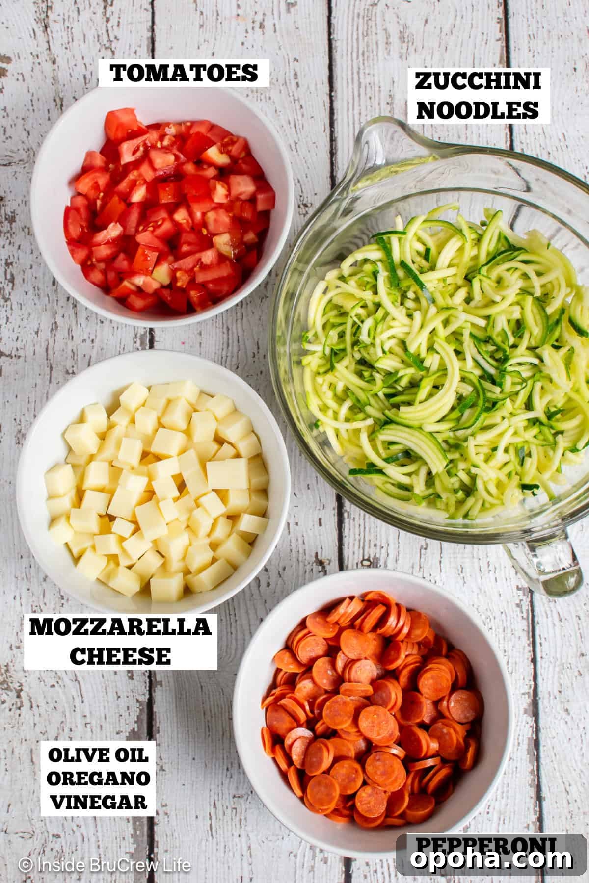 Pizza Zucchini Salad ingredients with text labels.