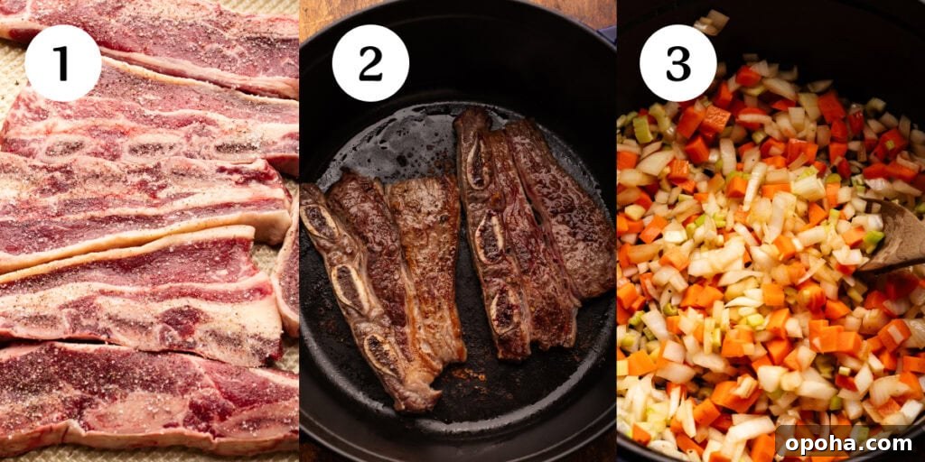 Braised Short Rib Ragu with Pappardelle Pasta 4 A collage of photos showing how to make short rib ragu. The first image is step one, showing the short ribs seasoned with salt and pepper. The second image is step two, showing the short ribs being brown in a black cast iron Dutch Oven. The third photo is step three, showing diced carrots, celery, and onion being sautéed in the dutch oven.