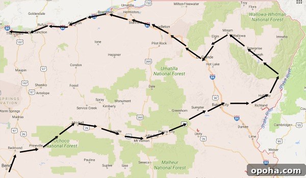 Vacation route-Northeast corner of Oregon map