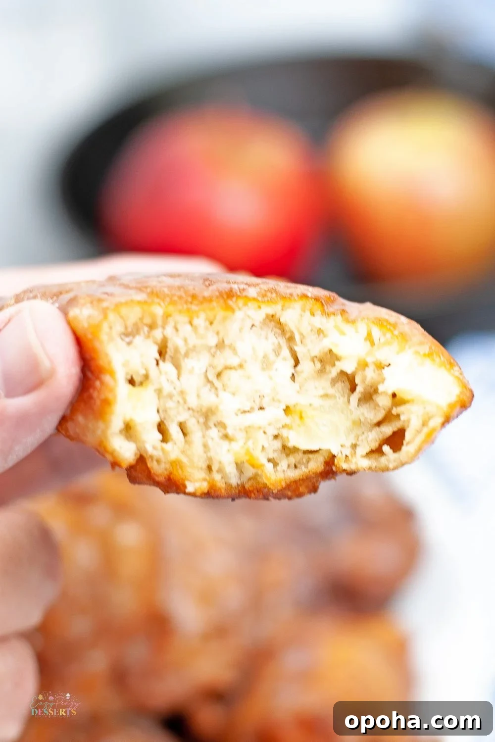 Detailed image of the inside of homemade fried apple fritters