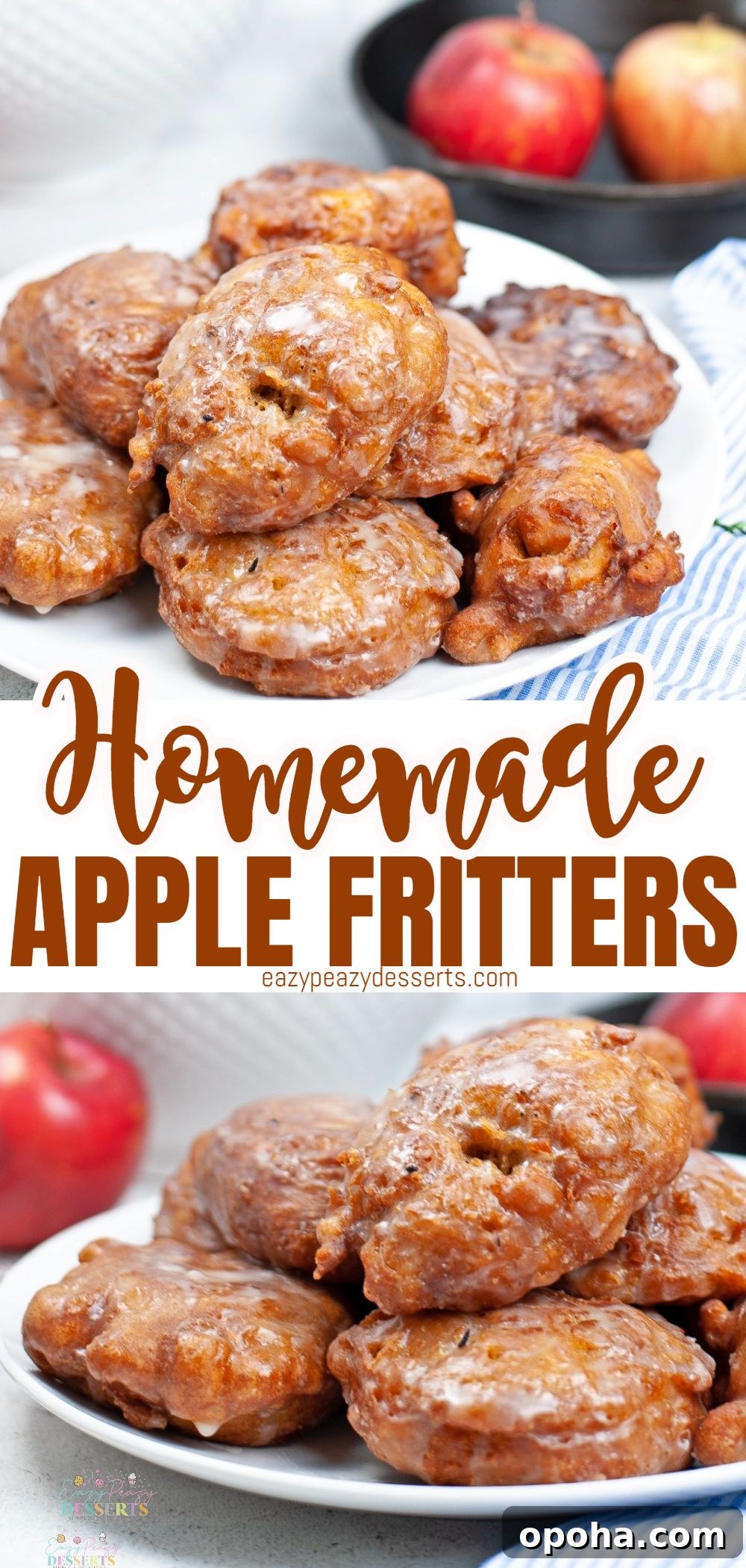 Photo collage of homemade apple fritters with sugar glaze, served in a white serving plate