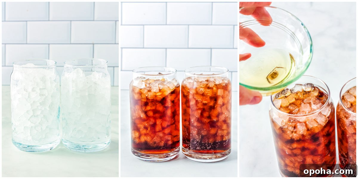 Swig Waikiki Drink Recipe — Copycat Sparkling Island Mocktail 5 The ice, coke, and pineapple syrup added to glasses.