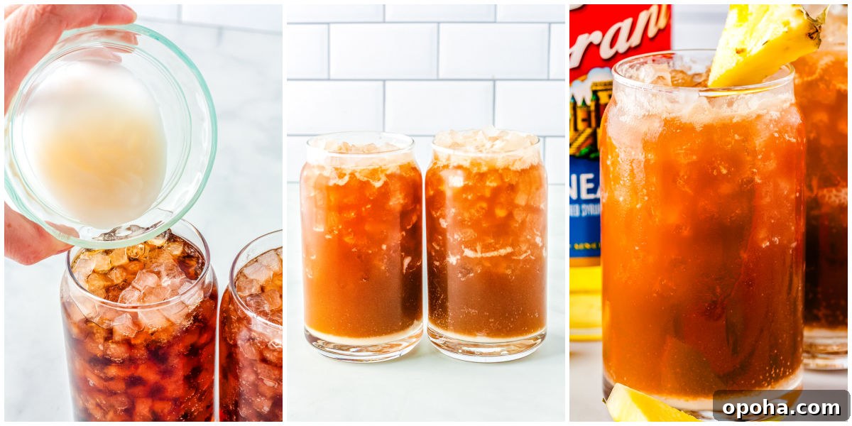 Swig Waikiki Drink Recipe — Copycat Sparkling Island Mocktail 6 Coconut cream added in, mixed, and the Waikiki drink garnished with a pineapple slice.