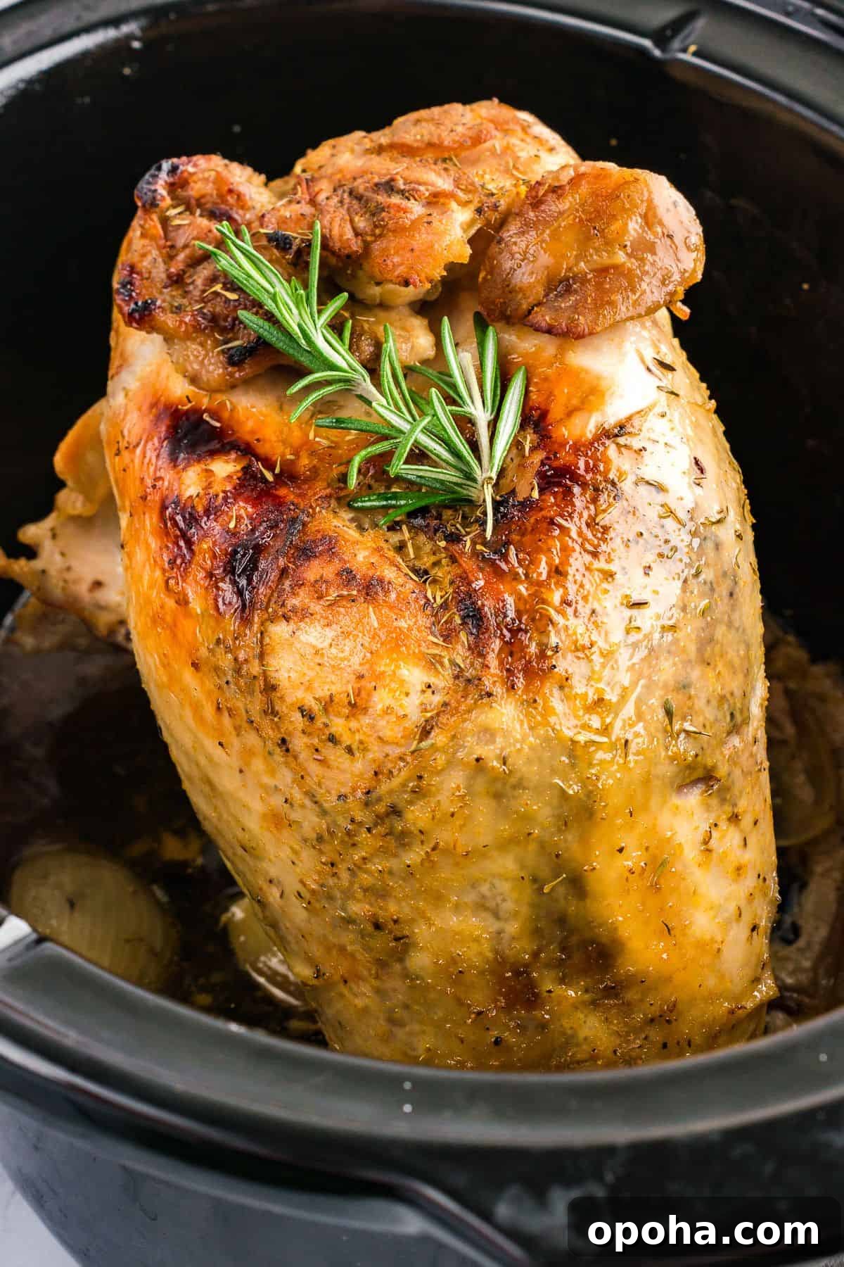 Golden-brown slow-cooked turkey breast with crispy skin, garnished with fresh rosemary, resting in a crock pot.