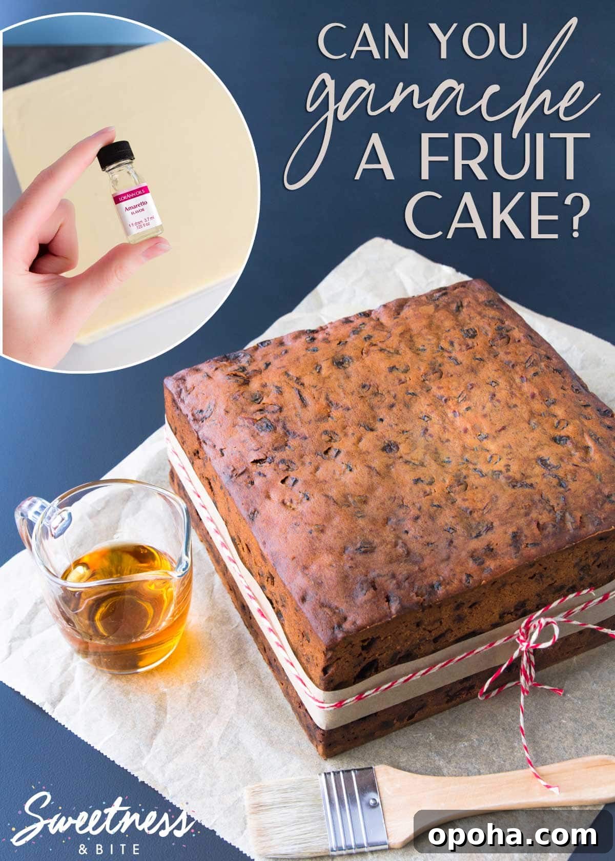 How to Ganache a Fruit Cake: Tips for Smooth Chocolate Coating 2 A fruit cake on a navy background, inset image shows a bottle of almond extract, text overlay reads "can you ganache a fruit cake?"
