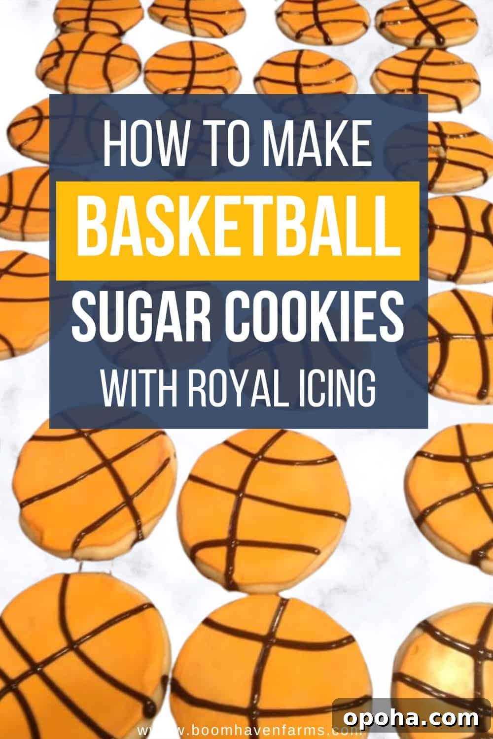 Basketball Sugar Cookies with Royal Icing: Fun Game-Day Treat 2 Basketball sugar cookies decorated with orange royal icing and black piped lines on a white marble background.