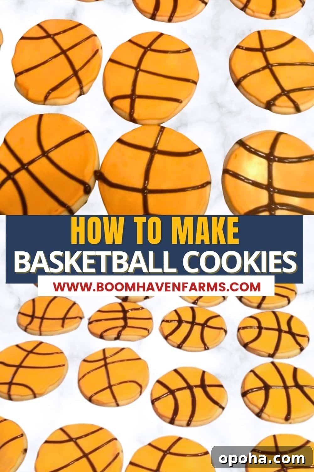 Close-up of basketball sugar cookies with orange royal icing and black basketball lines.