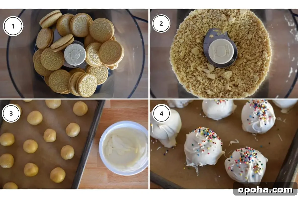 Golden Oreo Truffles: How to Make Classic Oreo Cookie Balls 5 Process shots showing how to make recipe including putting the cookies in the food processor, rolling dough into balls, and dipping in chocolate.