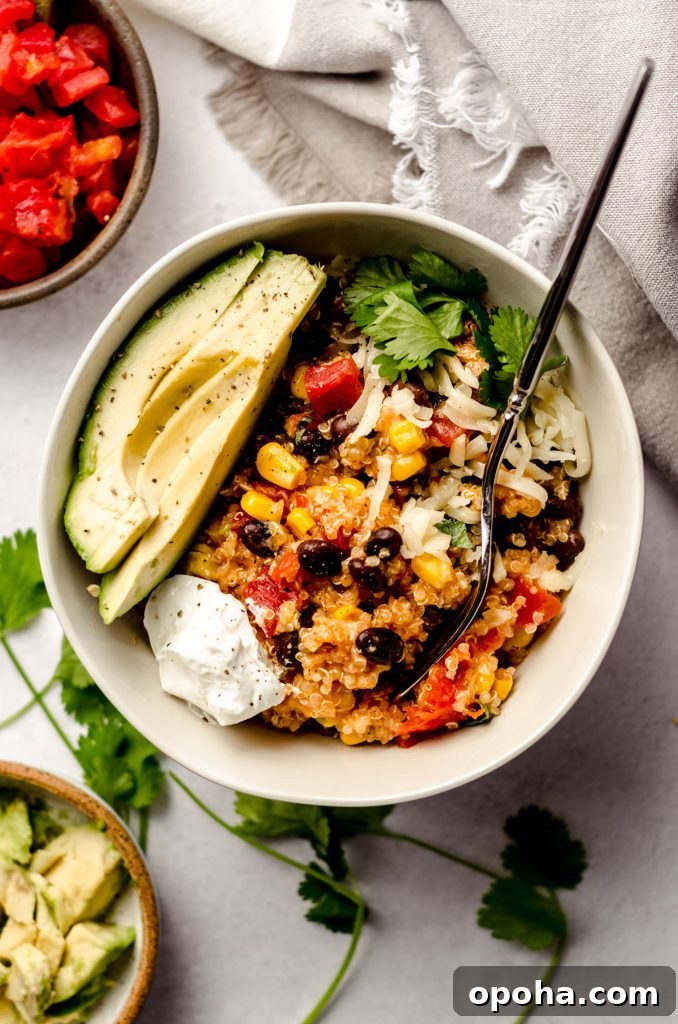 Apple Quinoa Granola Recipe: Crunchy Baked Apple Quinoa Clusters 11 enchilada quinoa casserole in a bowl with sliced avocado, sour cream, and a fork