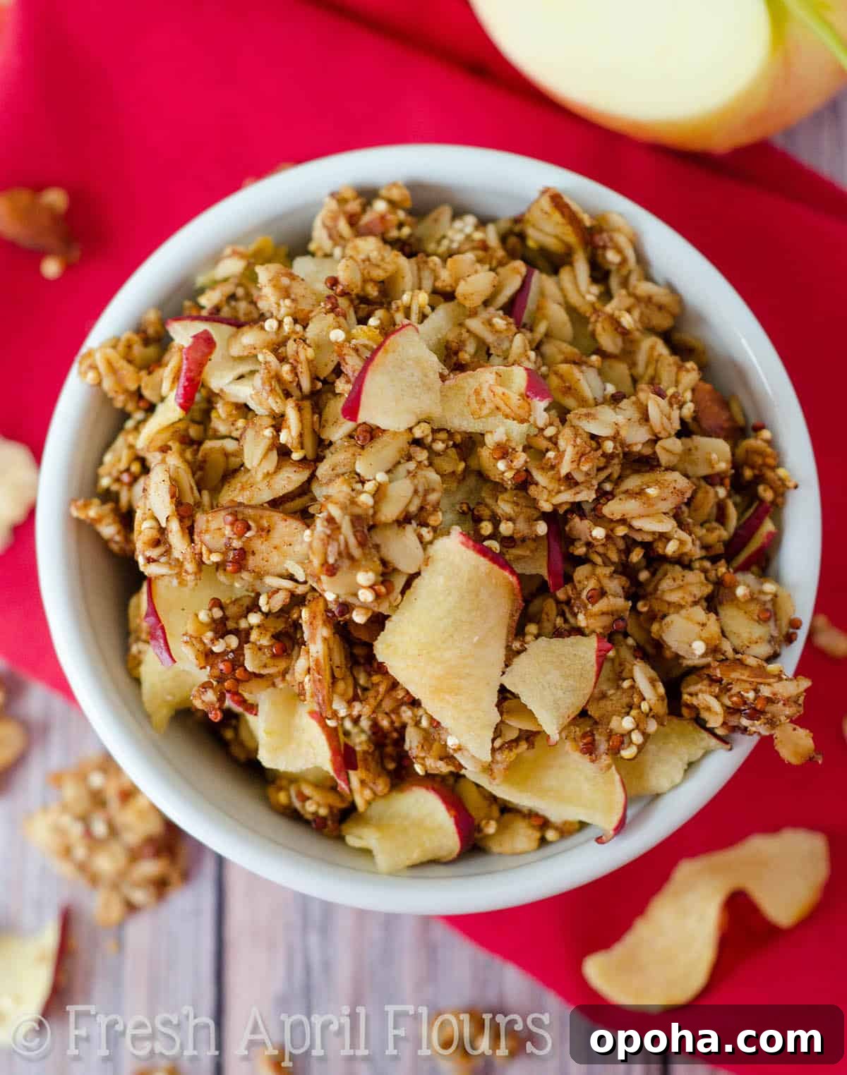 Apple Quinoa Granola Recipe: Crunchy Baked Apple Quinoa Clusters 4 Aerial photo of a bowl of apple quinoa granola.