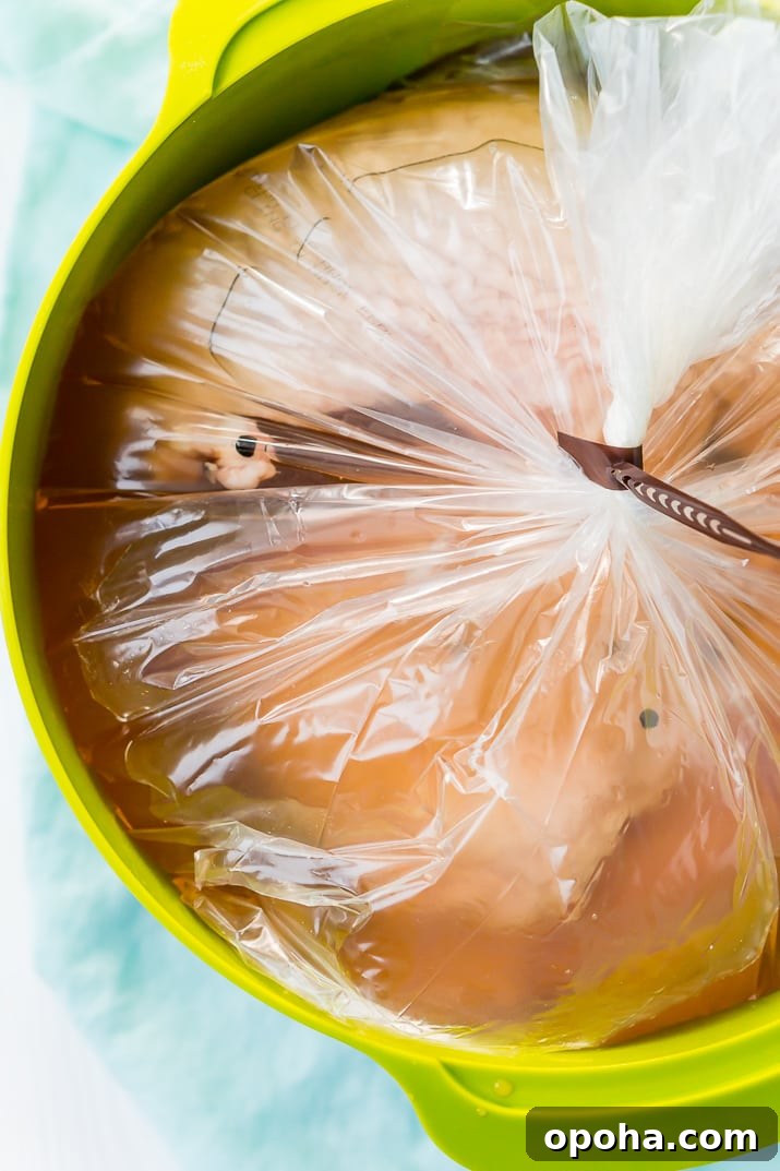 Juicy Slow-Cooker Turkey Breast Recipe for Tender Results 4 Turkey breast being brined in a plastic bag in a green bowl.